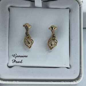 14k Gold real pearl in a cage dangle earrings.